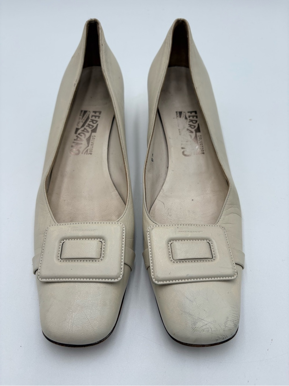 Salvatore Ferragamo Cream Leather Square-Toe Buckle Heels‎ Vintage Size 10.5 US
